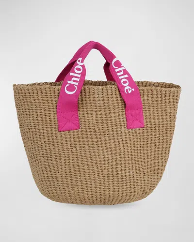Chloé Kids' Raffia Effect Bag In Fuchsia,beige
