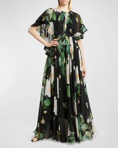 Giambattista Valli Cape-effect Pleated Ruffled Floral-print Silk-chiffon Gown In Black