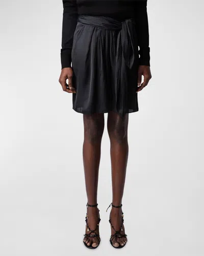 Zadig & Voltaire Joji Pleat Tie Waist Silk Skirt In Noir