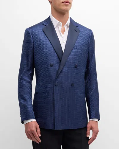Giorgio Armani Official Store Soho Line Double-breasted Tuxedo Jacket In Silk Jacquard In Navy Blue
