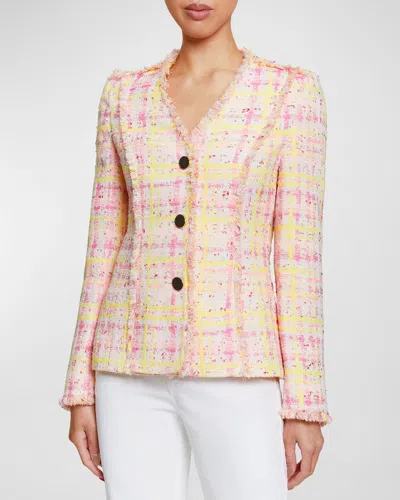 Santorelli Georgia Fringe-trim Plaid Tweed Jacket In Petal Pink