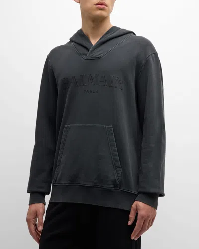 Balmain Logo-embroidered Cotton Hoodie In Grey