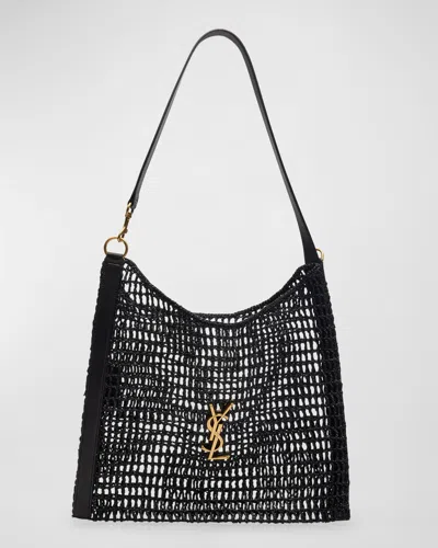Saint Laurent Men's Xalis Ysl Shoulder Bag In Raffia Macrame In Black