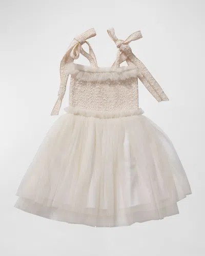 Petite Hailey Kids' Girl's Smocked Tie-shoulder Tulle Dress In Ivory