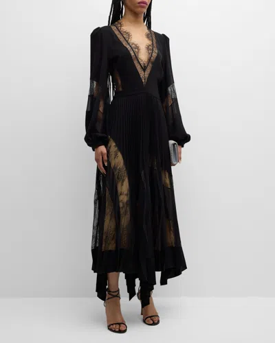 Zuhair Murad Plunging Long-sleeve Plisse Crepe Chiffon Lace Asymmetrical Midi Dress In Black