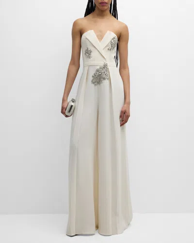 Zuhair Murad Crystal Embroidered Crossed Strapless Wide-leg Cady Jumpsuit In Jet Stream