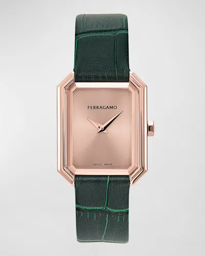 Ferragamo Salvatore  Women's Swiss Green Leather Strap Watch 27x34mm In Rosegold