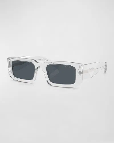 Prada Men's Rectangle Logo Sunglasses In Transparent Grey