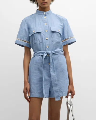 Chloé Belted Crochet-trimmed Cotton-chambray Playsuit In Blue