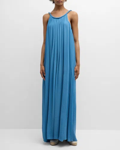 Chloé Gathered Cotton And Silk-blend Crepon Maxi Dress In Blue