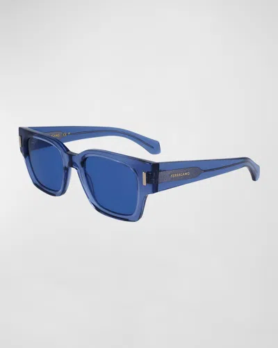 Ferragamo Men's Rivets Acetate Rectangle Sunglasses, 52mm In Transparent Blue