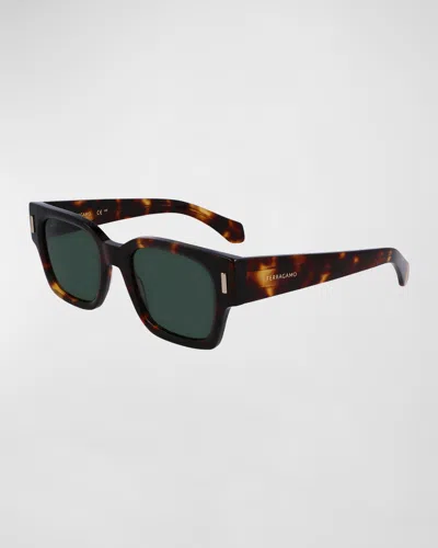 Ferragamo Men's Rivets Acetate Rectangle Sunglasses, 52mm In Dark Tortoise