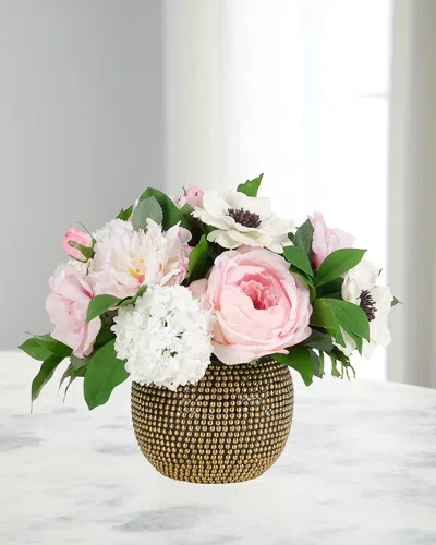 Ndi Roses & Anemones 15" Faux Floral Arrangement In Brass Bowl In Pink