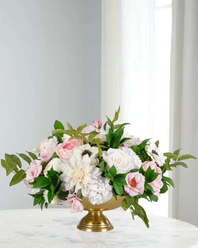 Ndi Roses & Anemones 24" Faux Floral Arrangement In Footed Brass Bowl In Pink