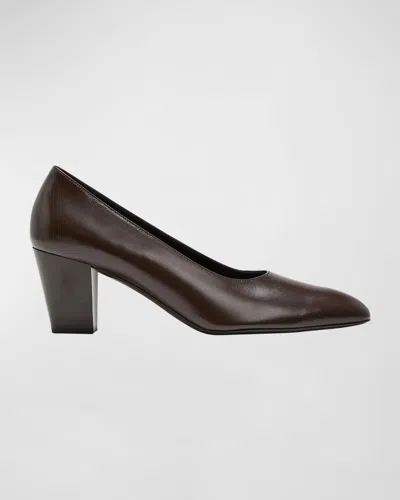 The Row Luisa Leather Block-heel Pumps In Dark Brown