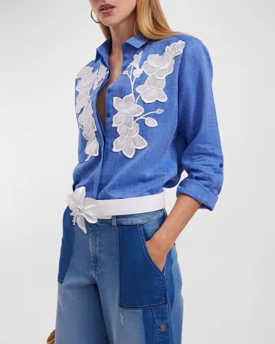 Anne Fontaine Citron Floral Applique Button-down Shirt In Denim Blue