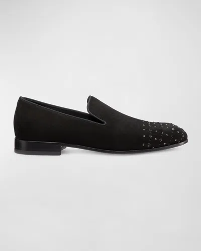 Weitzman Men's Premiere Party Strass Suede Loafers In Black/black Multi