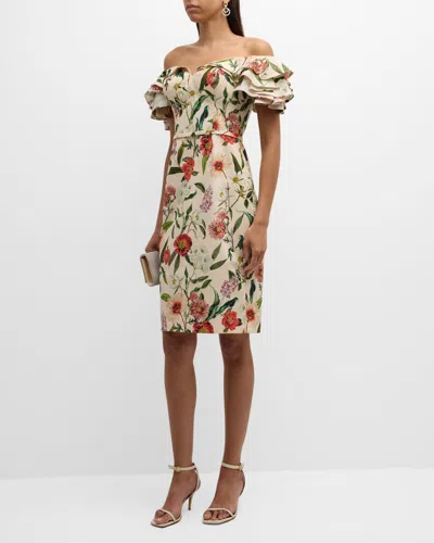 Rickie Freeman For Teri Jon Floral-print Off-shoulder Stretch Cotton Dress In Beige Multi