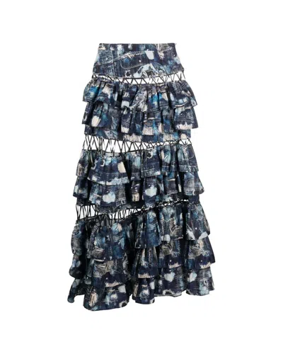 John Richmond Long Skirt With Flounces And Iconic Runway Denim-effect Pattern In Fantasia