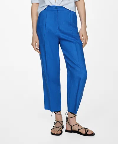 Mango 100% Linen Straight Trousers Ink Blue In Bleu Encre