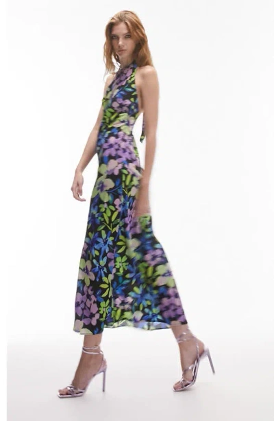 Topshop Halter Neck Midi Dress In Floral Print-multi