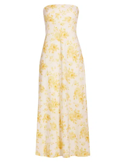 Wayf All Yours Strapless Linen Blend Maxi Dress In Yellow Roses