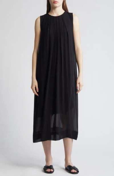 Eileen Fisher Pleated Jewel Neck Silk Midi Shift Dress In Black