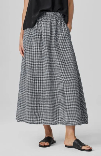 Eileen Fisher Crinkled Gingham Organic Linen Midi Skirt In Black/ White