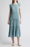 Eileen Fisher Tiered A-line Crinkled Silk Midi Dress In Light Blue