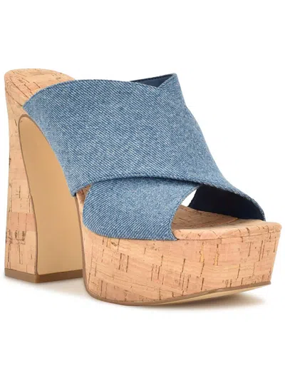 Nine West Girlz 8 Womens Denim Peep-toe Platform Sandals In Blue