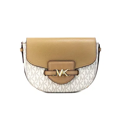 Michael Kors Reed Small Camel Signature Pvc Flap Saddle Crossbody Women's Bag In Brown