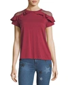 RED VALENTINO COTTON T-SHIRT W/ RUFFLE-TRIMMED POINT D'ESPRIT SHOULDERS,PROD130320128