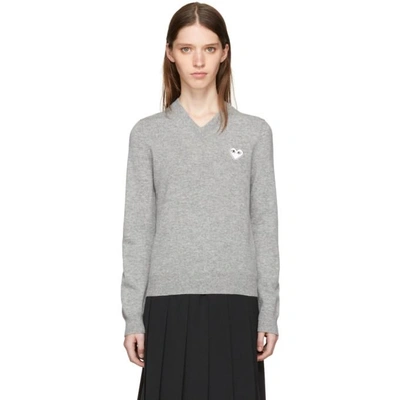 Comme Des Garçons Play Grey Heart Patch V-neck Sweater In Light Grey