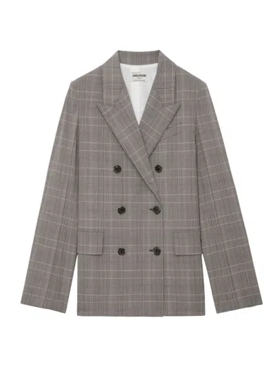 Zadig & Voltaire Vaena Double-breasted Check Blazer In Gris