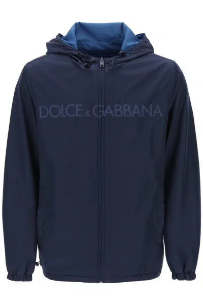 Dolce & Gabbana Logo-print Hooded Reversible Shell Jacket In Blue