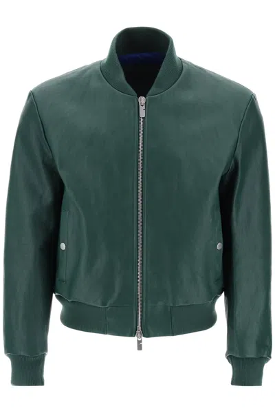 Burberry Leather Bomber Jacket In Green