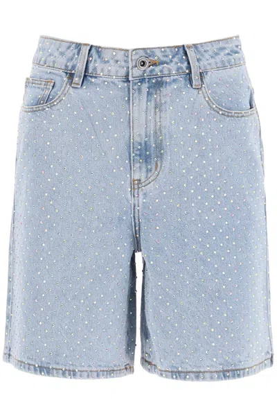 Self-portrait Denim Bermuda Shorts With Rhin In Light Blue