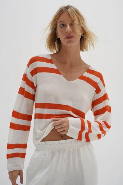 Lna Clothing Lucky Sweater In Coral Ivory Stripe