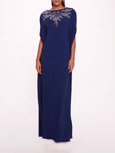 Marchesa Embroidered Crepe Kaftan In Navy