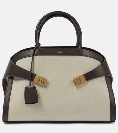 Ferragamo Hug Medium Canvas And Leather Tote Bag In Neutrals