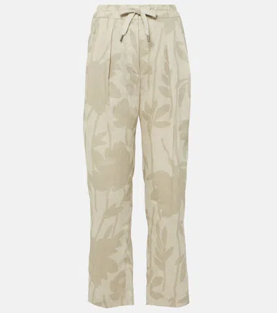 Brunello Cucinelli Printed Linen Tapered Trousers In Grey