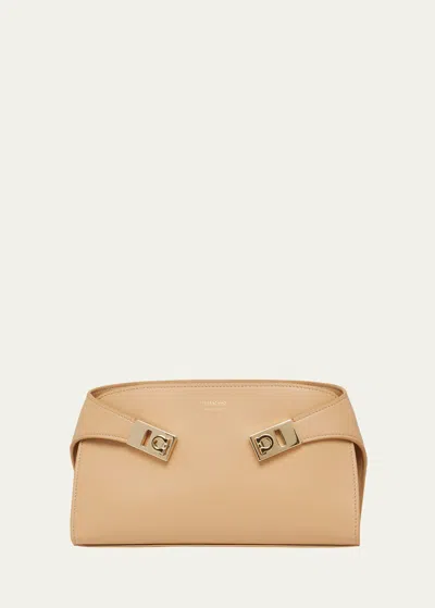 Ferragamo Hug Gancini Leather Shoulder Bag In Light Camel