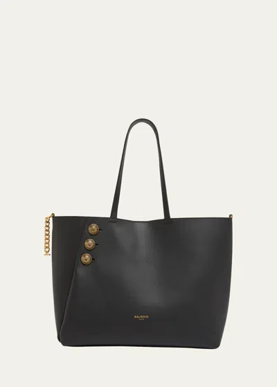 Balmain Embleme Shopper Tote Bag In Smooth Leather In Black