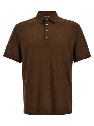 Zegna Linen Polo Shirt In Brown