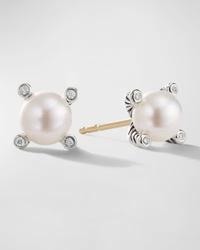 David Yurman Cable Collectibles Pearl Earrings With Diamonds And Silver, 7mm In Pearl &amp; Diamonds