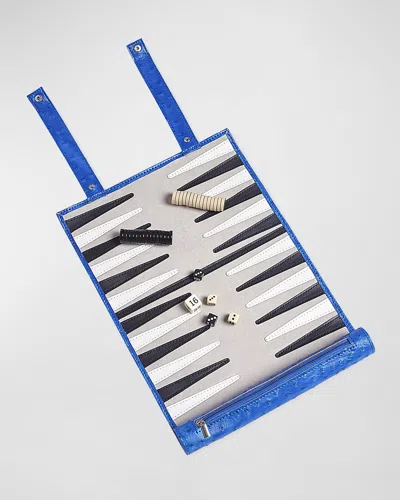 Brouk & Co Roll-up Backgammon Travel Game Set In Vegan Leather In Blue Ostrich