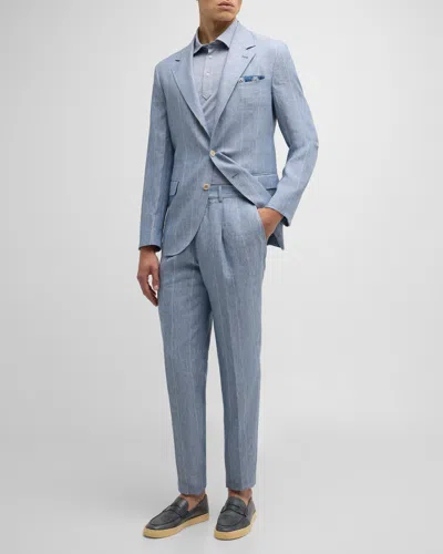 Brunello Cucinelli Men's Linen Wide Stripe Three-button Suit In Light Blue