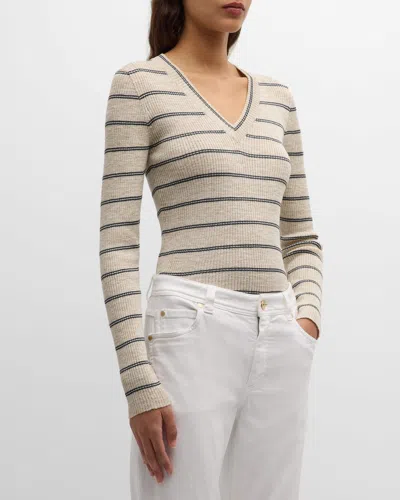 Brunello Cucinelli Striped Metallic Linen Long-sleeve V-neck Knit Sweater In Cfc32 Natural