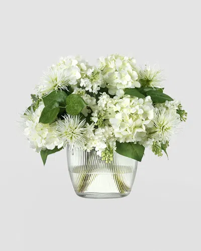 Diane James Lilacs & Dahlias Bouquet In Ribbed Glass Vase In Green