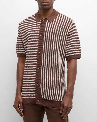 Onia Men's Linen Knit Mixed Stripe Short-sleeve Shirt In Chocolate/white